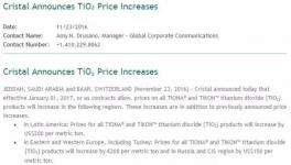 钛白粉又要涨！国际巨头2017年1月1日上调钛白粉价格